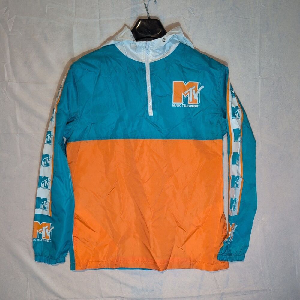 Vintage MTV Hooded Pullover Lg Windbreaker Jacket Aqua/Teal Orange White